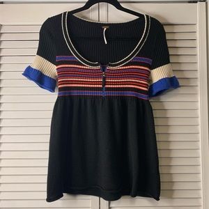 Free People Striped Zip Up Short Sleeve Cable Knit Top